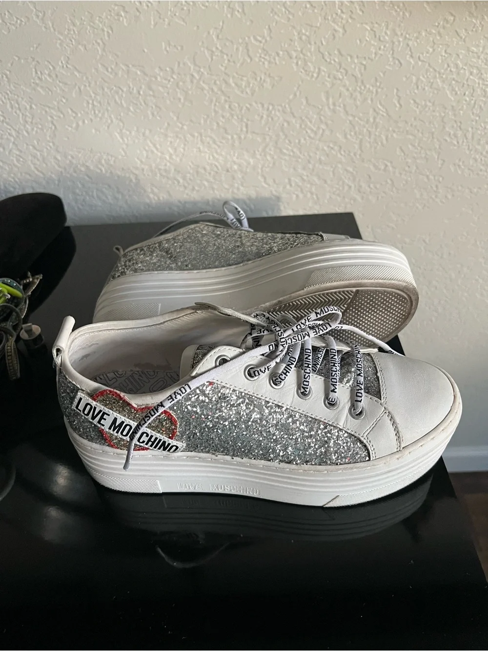 Moschino Silver Glitter Platform Sneakers with Red Heart Patch